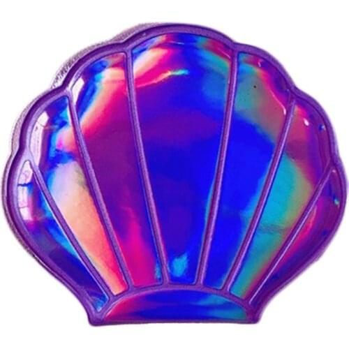 H7JC Creative Sea Shell Shaped Holographic Rainbow Colored Magnifying Compact Cosmetic Double Sided Folding Pocket Mirror