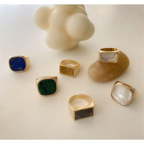 FFLACELL New Personality Vintage Trendy Punk Marble Shell Simple Geometric Square Metal Ring For Women Girls Party Jewelry Gifts