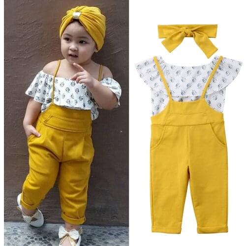 Fashion Summer Toddler Baby Girls Clothes Sets 3PCS Short Sleeve Off Shoulder Print Ruffles Tops+Yellow Overalls Pants