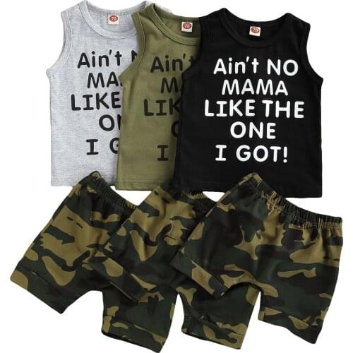Newborn Baby Boys Fashion 2-piece Outfit Set Sleeveless Letter Print Tops+Camouflage Shorts Set