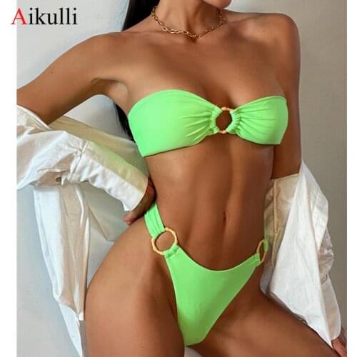 Sexy Strapless Bikini Swimsuit Women Hollow Swimwear Push Up Bikini set 2021 New Neon Green Biquini Brazilian Bathing Suit Swim