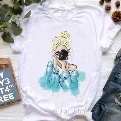 Watercolor Fashion Girl Taking Pictures Print T-Shirt WomenS Clothing Nail Tshirt Femme Summer Tops Tee Shirt Female