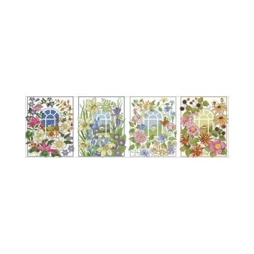 Four Seasons Flower Window Needlework,For Embroidery,DIY 14CT Unprinted Arts Cross stitch kits Set Cross-Stitching Home Decor