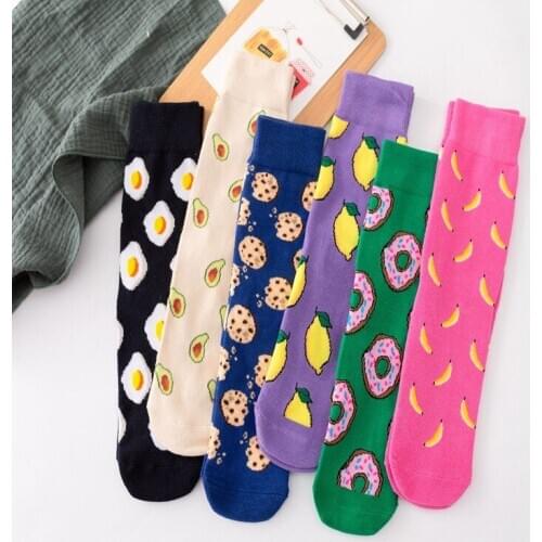 Unisex Creative Men Cotton Socks For Women Fruit Avocado Food French Fries Eggs Cartoon Socks Female Korean Ulzzang Style