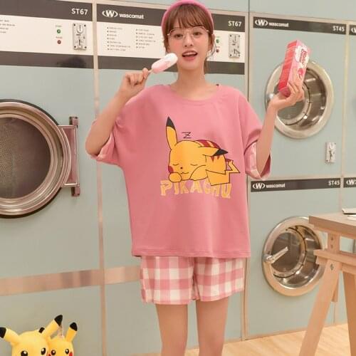 Pikachu Pokemon Pajamas for Women Cotton Cartoon Womens Sleepwear Summer Short-sleeved Shorts Round Neck Suit Thin Nightgown