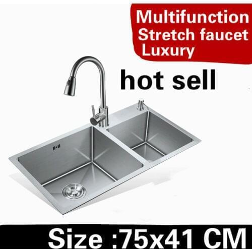 Free shipping Home kitchen manual sink double groove high capacit wash vegetables stretch faucet 304 stainless steel 75x41 CM