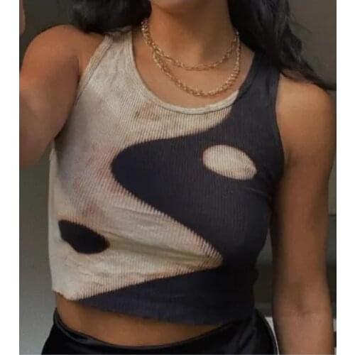 Summer Women Yin Yang Tank Tops Sleeveless Crop Top Color Block Rib Knitted Tube Top O Neck Ladies Sheath Tank Top Camis