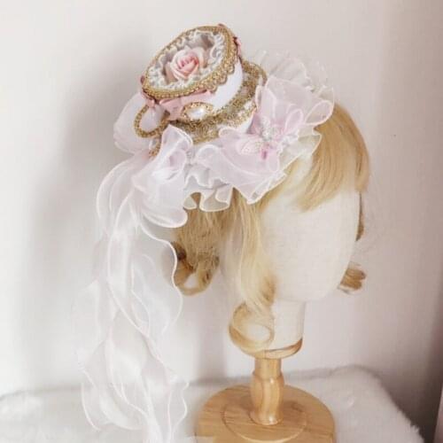 Lolita Vintage Top Hat Ruffled Lace Bow Pearl Tea Party Cosplay Bonnet Hairpins