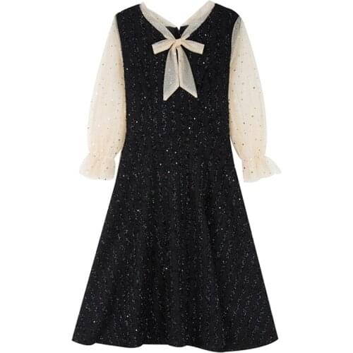 PERHAPS U Vintage Black Red Tweed Patchwork Sequined Mesh Dress Bow Collar Zipper Long Sleeve Midi Evening Party Dresses D2239