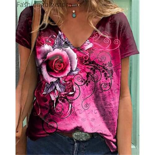 Ovesize 5XL T-Shirt Women Floral Print Deep V-Neck Short Sleeve T Shirt Femal Casual Tee Top Plus Size