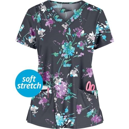 Ladies Short Sleeve Tshirt V-neck Pocket Workwear Top Casual Loose Women Working Tshirt Camiseta Mujer Verano#PY