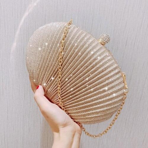 Luxury Diamonds Sequins Shell Clutch Bag Designer Clip Chain Women Shoulder Bags Gold Silver Lady Evening Bag Small Party Purse