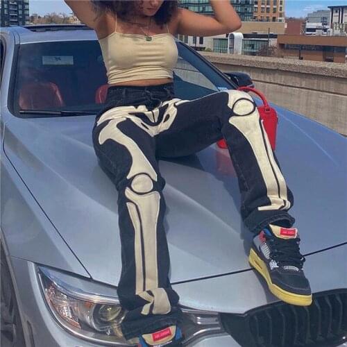 Xingqing Women Halloween Jeans Y2K Black Skeleton Printed Pattern Mid-waist Trousers Aesthetic Joggers Women Pants Streetwear