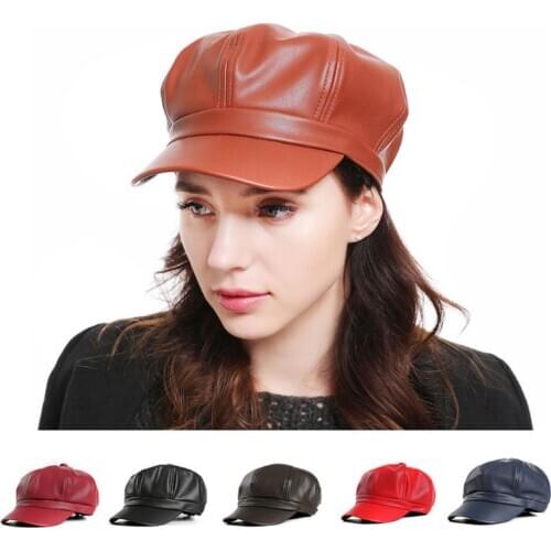 Women Men Faux Leather Newsboy Hats Glitter Solid Color Vintage London Style Cabbie Artist Painter Octagonal Ivy Visor Beret Cap