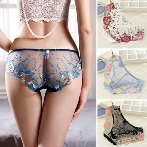 Women Low Rise Sexy Panties Transparent Floral Embroidery Lace Print Lingerie Low Waist Thin Briefs Fashion Breathable Underwear