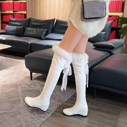 YMECHIC 2021 New Ladies Over The Knee High Boots Fashion Slope Heel Fur Botas Women Party Nightclub Sexy Shoes Plus Size 34 -43