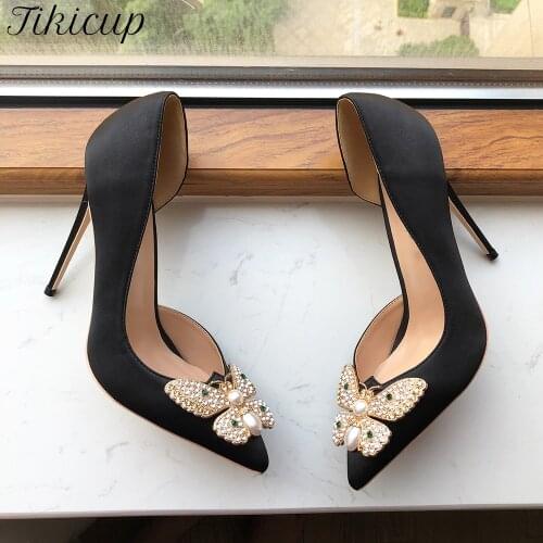 Tikicup Butterfly Knot Women Silk Satin D'Orsay High Heels Black Pointed Toe Party Shoes Ladies Slip On Dress Pumps 8/10/12cm
