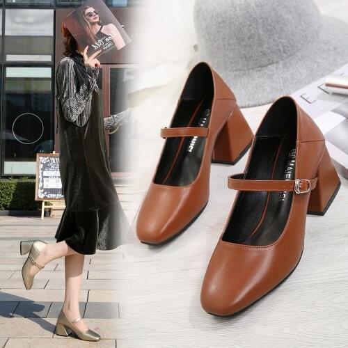 British Style Womens Shoe Thick High Heel 6cm Shallow Mouth Square Toe Female Comfortable Pumps Mary Jane Shoe 35--46 OULYYYOGO