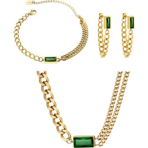 Fashion Vintage Square Zircon Necklace Bracelet Earrings For Women Set Luxury Stainless Steel Jewelry Sets Party Women Jewelry