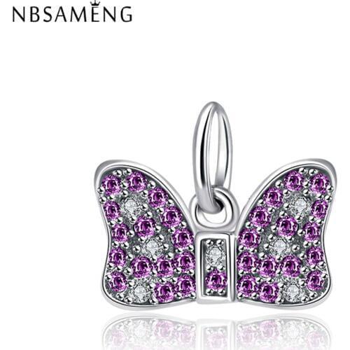 New 100% 925 Sterling Silver Bead Charm Crystal Bow Knot Pendant Charms Jewellery Fit Bracelets DIY Women Jewelry