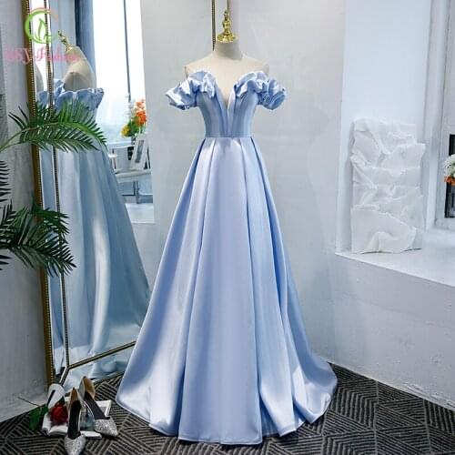 SSYFashion Light Blue Satin Evening Dress Boat Neck A-line Elegant Banquet Prom Party Formal Gowns for Women Vestidos De Noche