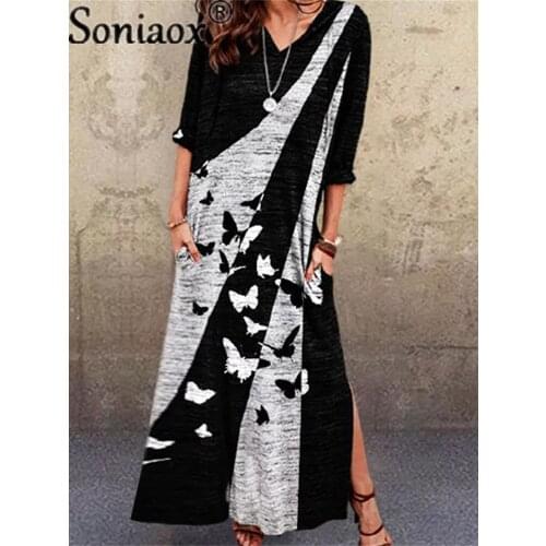 Fashion Stitched Half-Sleeve Slit Dress 2021 Spring Summer New Contrast Print Butterfly Long Robe Women Casual V-Neck Streetwear