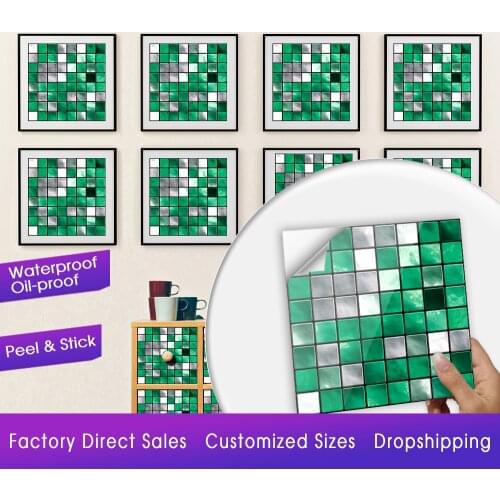 10pcs/set Flat Green Marble Crystal Mosaic Hard Tile Wall Sticker Kitchen Bathroom Wallpaper Home Decor Peel & Stick Art Decals