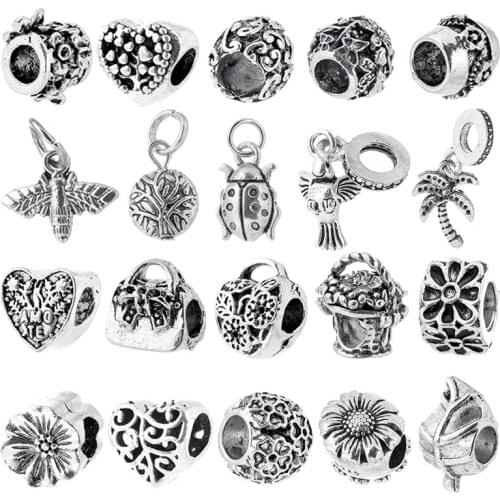 2Pcs/Lot Silver Plated Alloy Insect & Flower Charm Beads DIY Fashion Jewelry Gift Making For Women Fit Brand Charm Bracelet