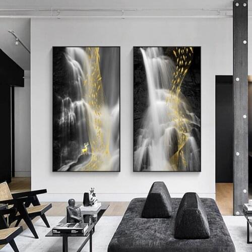 Abstract Golden Deer Fish Chinese Line Falling Painting Tableaux Poster Wall Art Picture for Living Room Modern Cuadros Canvas