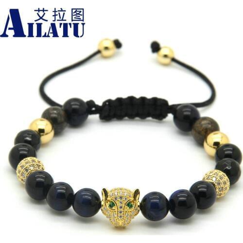 Ailatu 8mm Blue Tiger Eye Stone Beads New Leopard Head Braided Macrame European American Weaving Bracelets Animal Shape