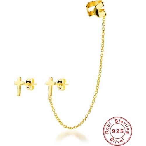 Aide 925 Sterling Silver Asymmetrical Cross Stud Ear Cuff For Women Girl Cool Punk Style Chain Tassel Clip Earrings Jewelry Gift