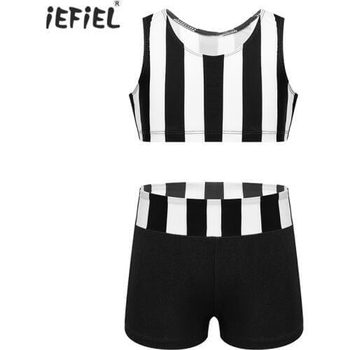 Ballerina Kids Girls Athletic Ballet Outfit Striped Sleeveless Ballet Dancewear Gym Workout Tanks Crop Top with Bottoms SZ 6-14
