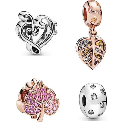 2019 New Original 925 Sterling Silver Bead Sparkling Pave Leaf Charm Fit Pandora Bracelet Bangle Necklace Women DIY Jewelry