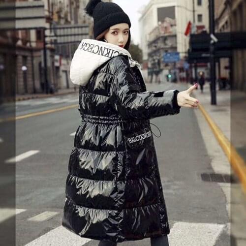 Ladies Down Jackets Womens Mid-length Hooded Thicken Winter Bright Leather Coats Korean Black Slim Chamarras De Mujer Vrouw Jas