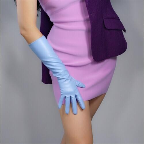 Long Leather Gloves 40cm Forearm Artificial Leather Imitation Leather Sheepskin Sapphire Light Blue Sky Blue PUQL-4