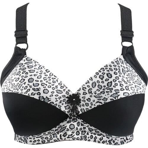 Womens Full Cup Bra Leopard Print Wire Free Cotton Bras Push Up Ajusted Brassiere Thin Cup Underwear Plus Size
