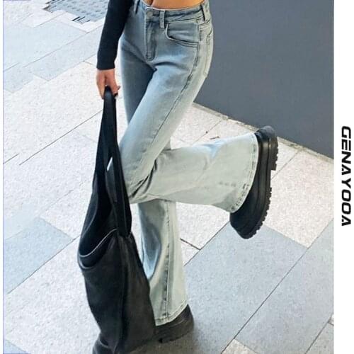 Genayooa Streetwear Casual Mom Jeans Woman Korean Style Blue Vintage Straight High Waist Jeans Pants Ladies Denim Jean Trousers