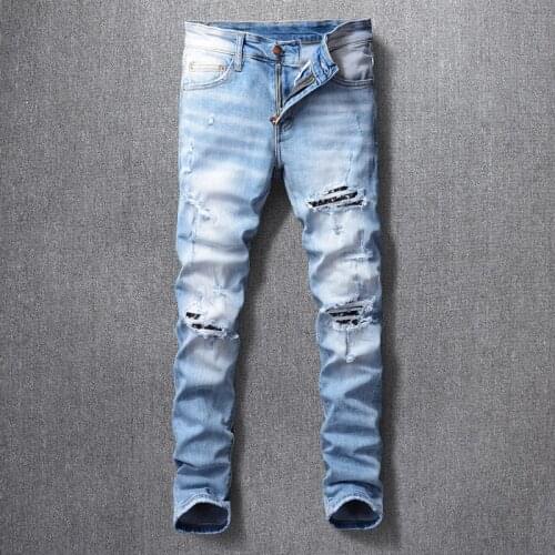 Streetwear Denim Punk Pants Retro Light Blue Slim Fit Fashion Men Jeans Destroyed Patches Designer Hip Hop Ripped Jeans For Men