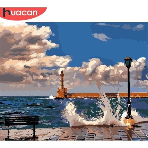 HUACAN Paint By Number Sea Drawing On Canvas DIY Pictures By Numbers Seascape Kits Hand Painted Painting Art Gift Home Decor