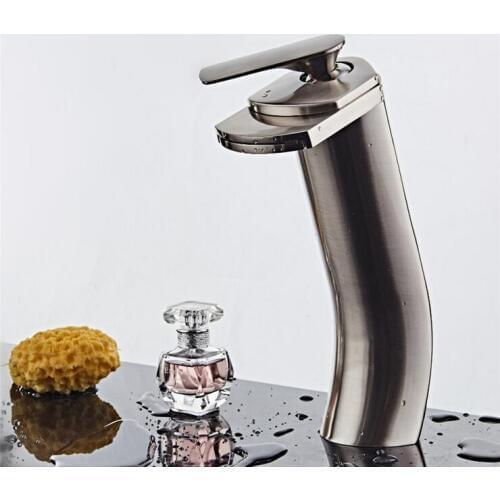 Brass long style basin faucet waterfall, Bathroom single hole sink basin faucet mixer, Copper wash basin faucet hot and cold