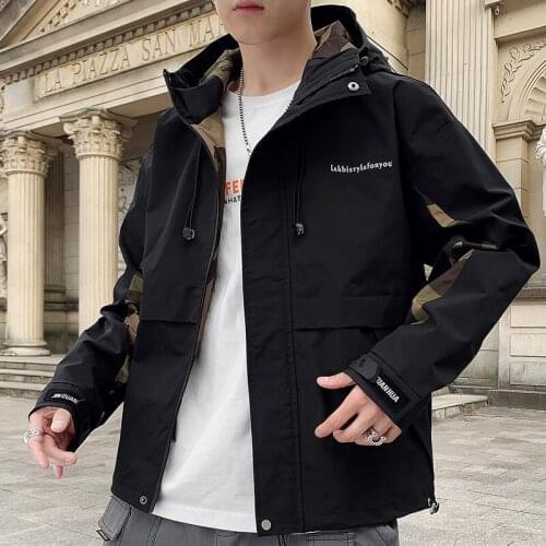 Hooded Mens Jacket Spring And Autumn New Jacket Mens Youth Trim Panel Contrast Coat Mens Fashion Brand Tooling