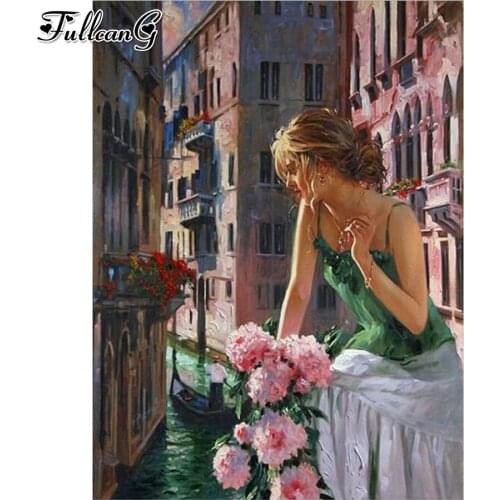 FULLCANG Girl flower 5d diy diamond painting kits full square round drill rhinestone embroidery sale wall decoration FG0078