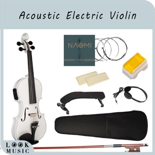 NAOMI 4/4 Electric Violin Acoustic Violin White Color Solid Maple Spruce Wood Violin Ebony Fittings w Case Shoulder Rest Strings