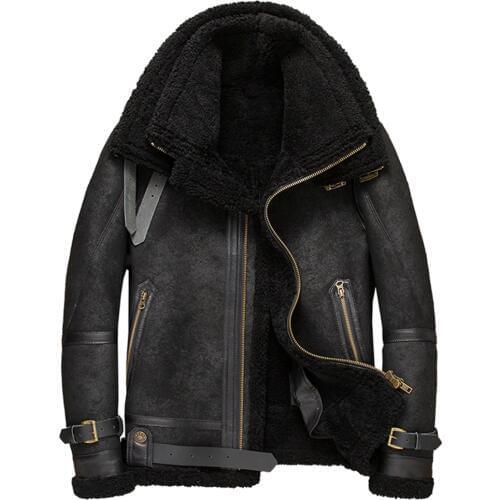 2019 New Mens Black B3 Sheepskin Shearling Jacket Double Collar Leather Jacket Short Winter Fur Coat Mens Motorcycle Jacket