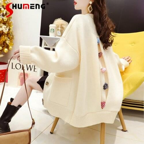 2021 New Autumn Womens Loose Western Sweater Cardigan Ladies Fashion Idle Style Knitted Coat Preppy Style Appliques Knitwear