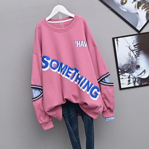 Cotton Korean Style Mid-length Fake Two-piece Autumn New Long-sleeved Sweater Women Crewneck Sweatshirt Harajuku Hoodie