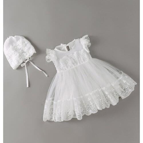 New baby dress with Cap white Embroidery lace baby girl christening gowns 1 year birthday dress baby girls clothes for 3-24M