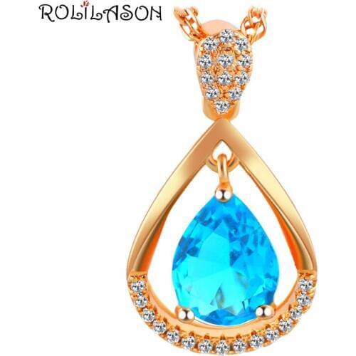 ROLILASON For Women Party Fashion Jewelty Pendant Gold Tone Blue Zircon Lowest Price Hot Sell LNS633