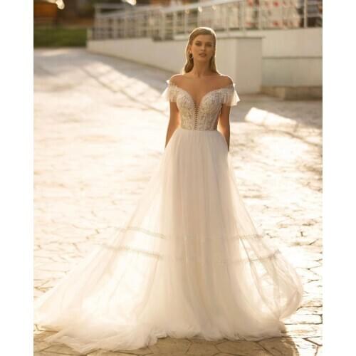 Dreamy Fairy Wedding Dress 2021 A-Line Sheer Neck Off Shoulder Backless Lace Embroidery Sweep Train Bride Gown Vestidos De Noiva