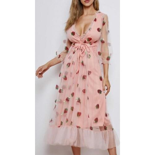 ORIYA Formal Dresses Sexy V-Neck Lace Up Strawberry Hot stamping Short Sleeve Party Mid-Length Dress Net Yarn Dress for Wedding